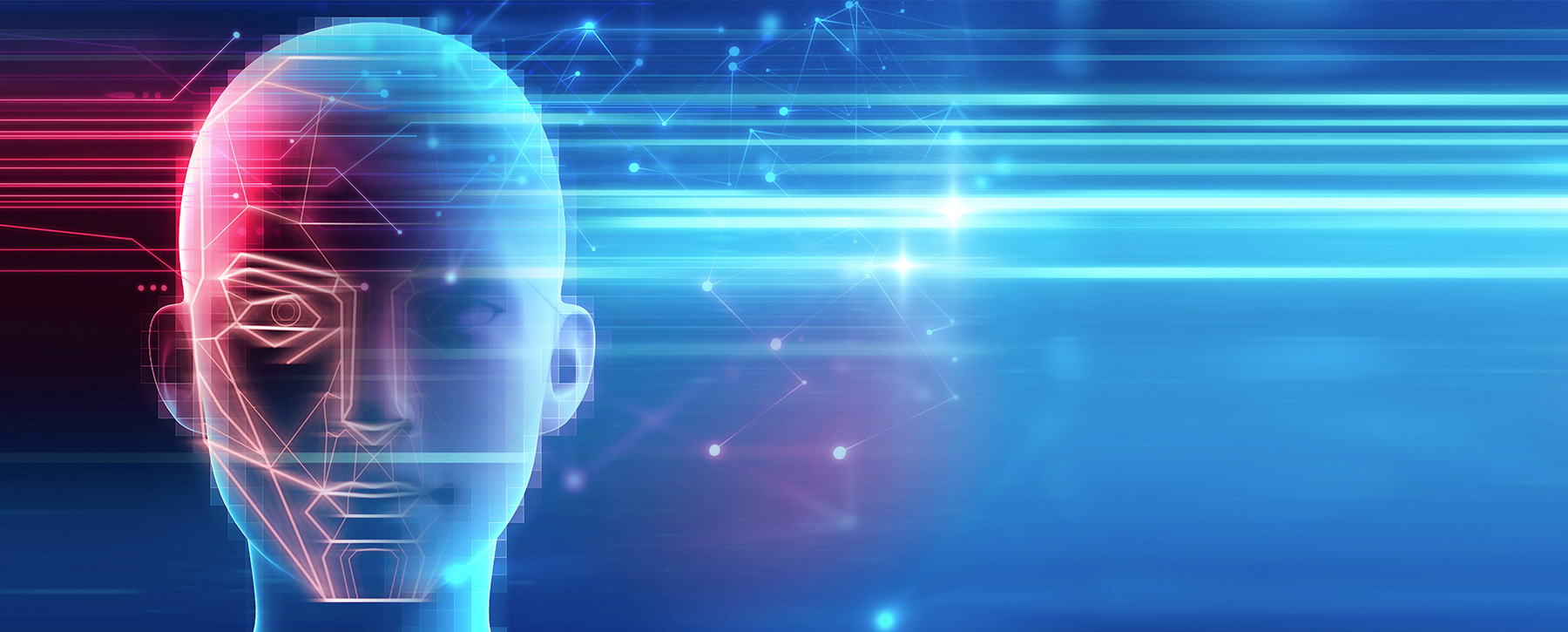 Image of human face with futuristic line art on red and blue background